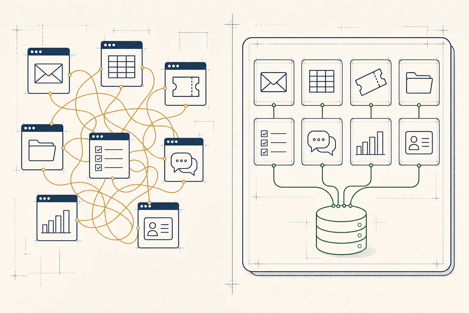 Schema: Tool-Teppich versus integrierte Plattform